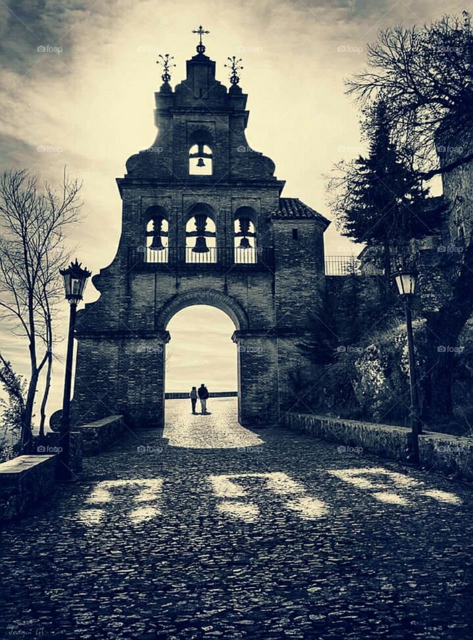 church black and white people sky travel tree