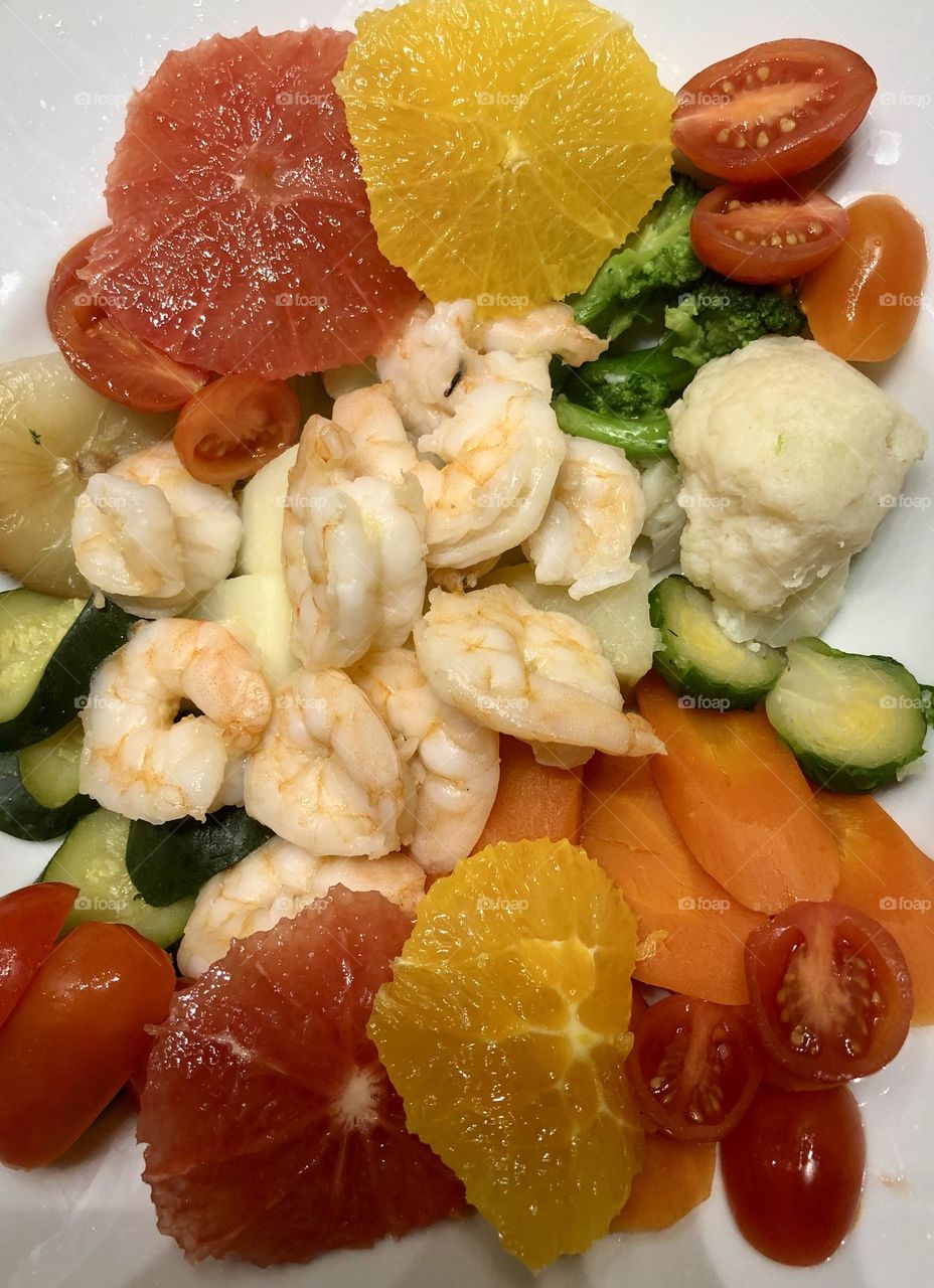 Healthy food, prawns vegetables salad, food from above, eating healthy, fresh food, summer food 