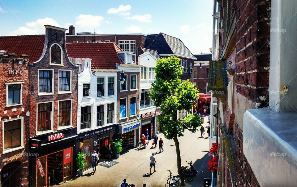 View of one of the most popular shopping streets in the Netherlands. The Grote Houtstraat in Haarlem.