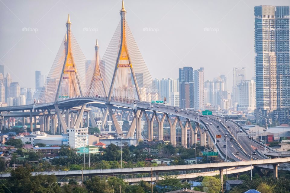 Traffic situation on the Bhumibol Bridge 2 when almost of company start work from home campaign in Bangkok Thailand