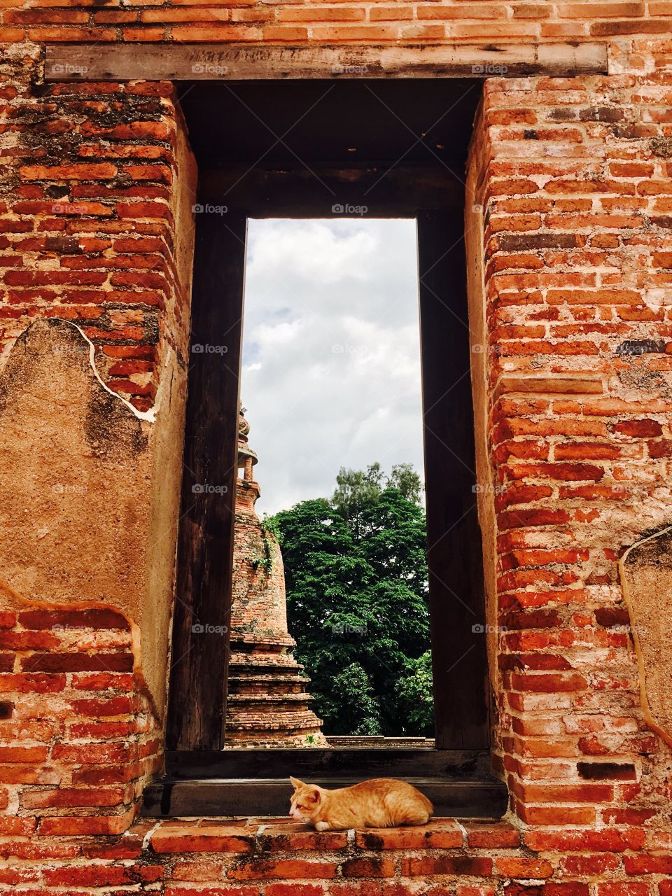 Historical temple window frame in Ayutthaya, thailand