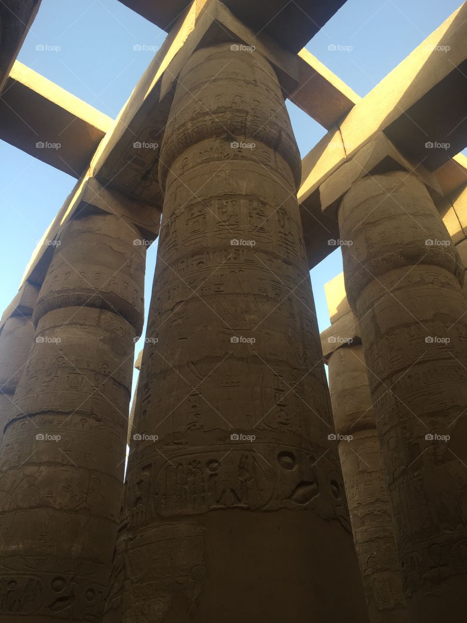 Columns with hieroglyphics in Karnak Temple. Luxor, Egypt. 