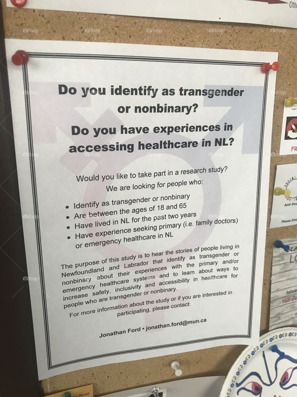 This is a poster for a study about the experience of transgender and/or non binary people in the Newfoundland and Labrador (NL) medical system. It features the intersex male female and trans gender symbols as a background faded image. Fascinating 