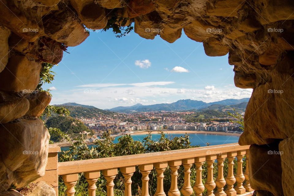 View of scenic mountain from building terrace