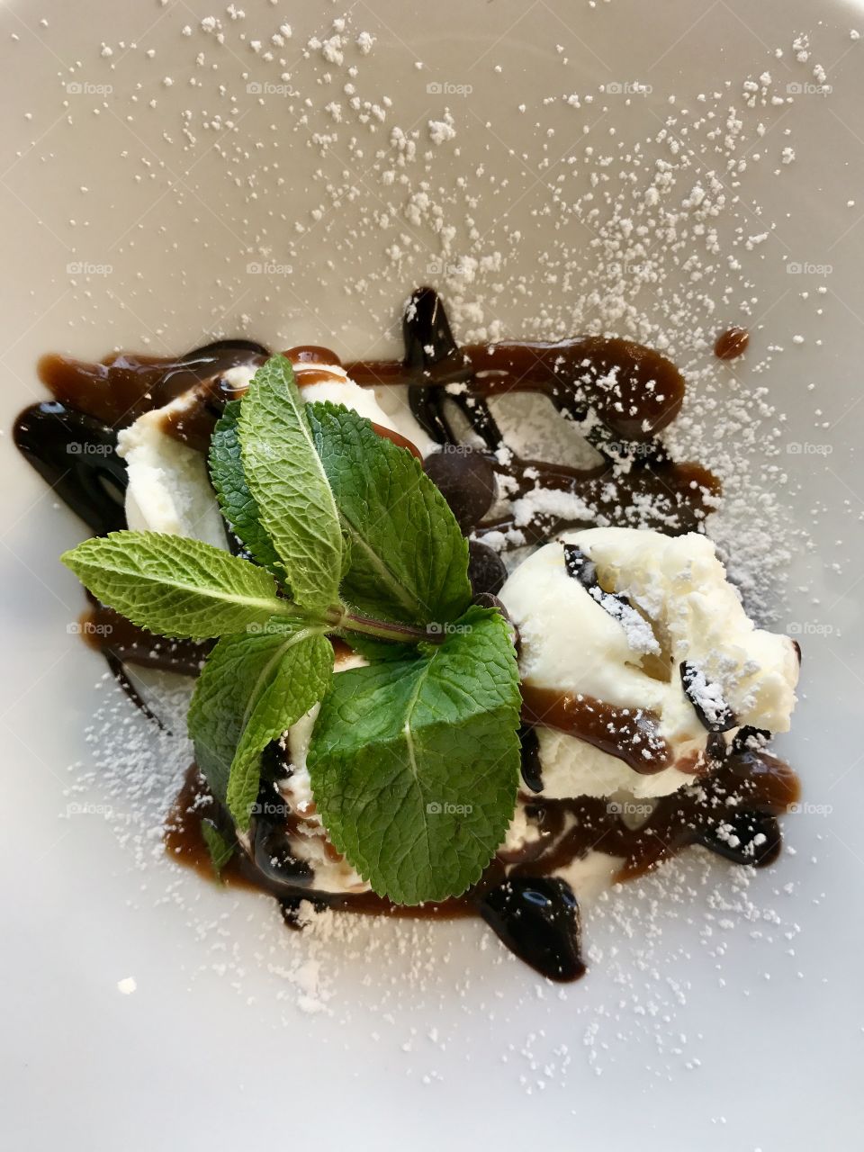 chocolate ice cream with green leaves of mint 