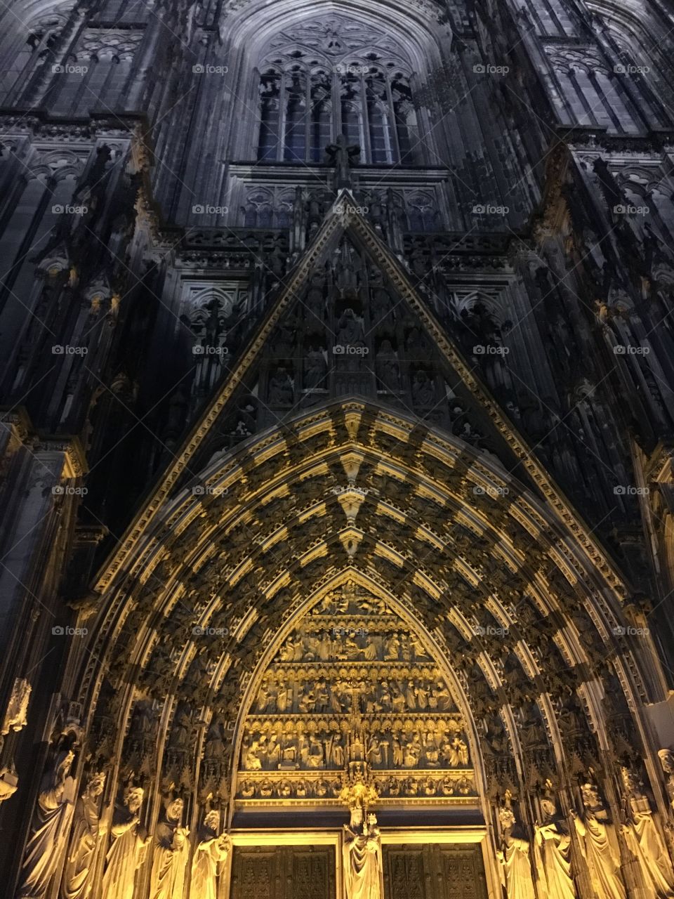 Doorway at the Cologne cathedral at night 