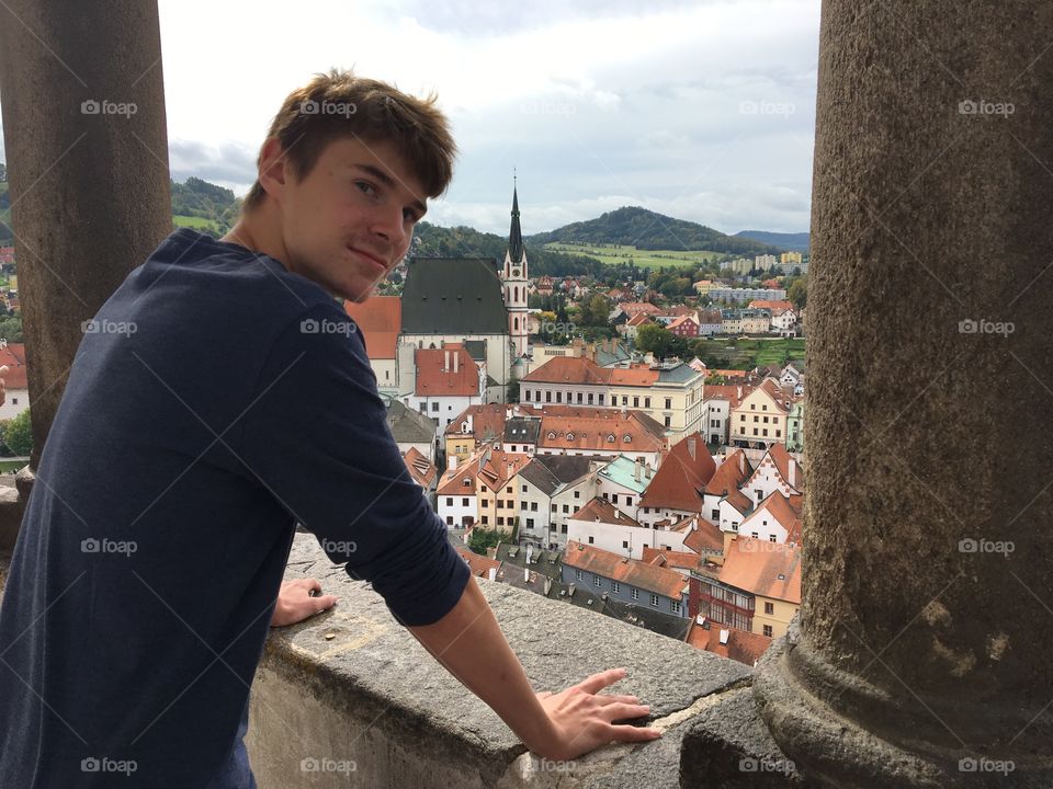 Portrait at the top of a tower in Cesky Krumlov 