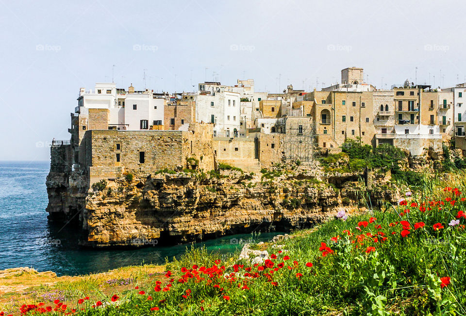 Beautiful cityscape of Polignano a mare on cliff by the sea with spring flowers 