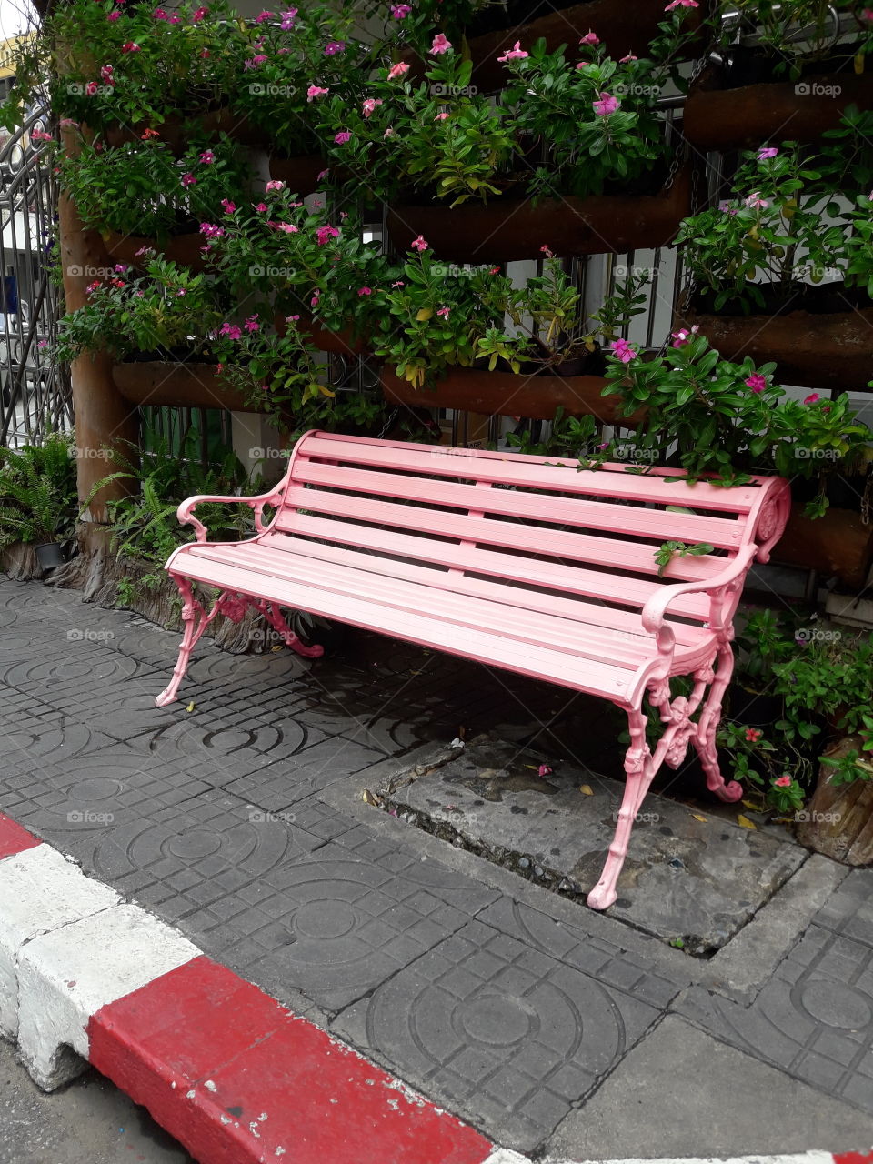 the pink longchair for person who pass this way like to sit for relax. It has beautiful flowers background. Its color is fade from strong sunlight.