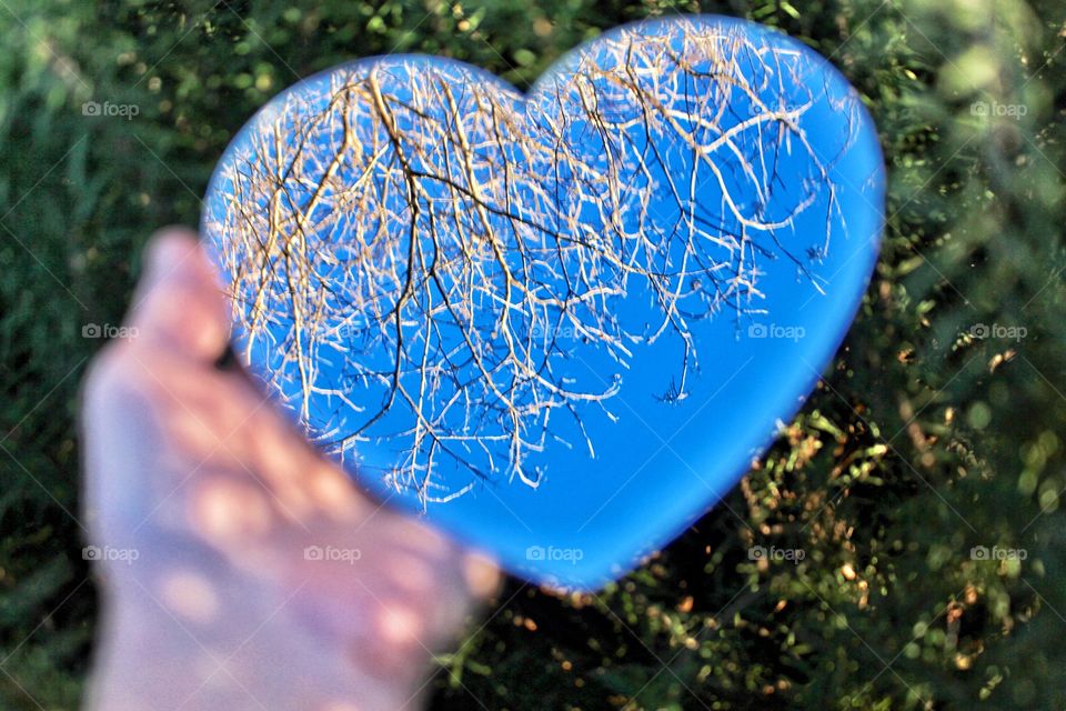 Woman holding a heart shaped mirror showing the reflection of a blue sky showing through the tree branches 🌲