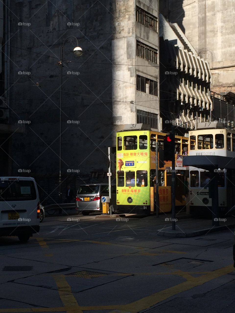 Tram in sunlight . Tram in Hong Kong 
