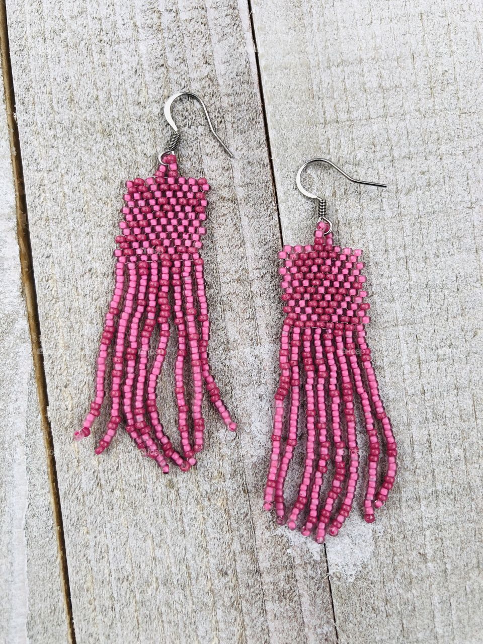 Peyote stitch pink seed bead fringe earrings