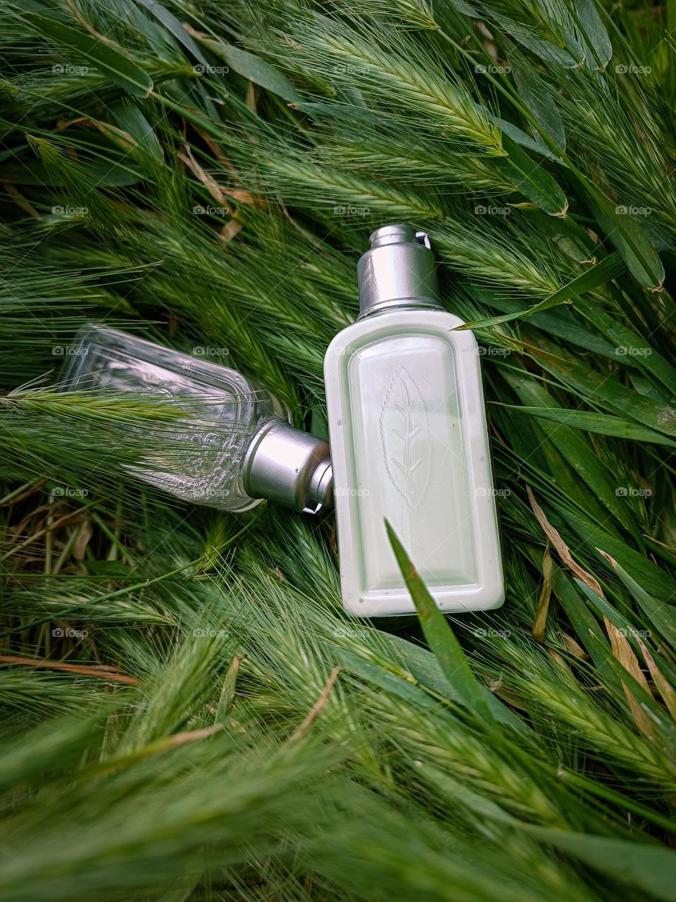 body care products among green grass. Natural organic cosmetics, eco or bio concept. selective focus