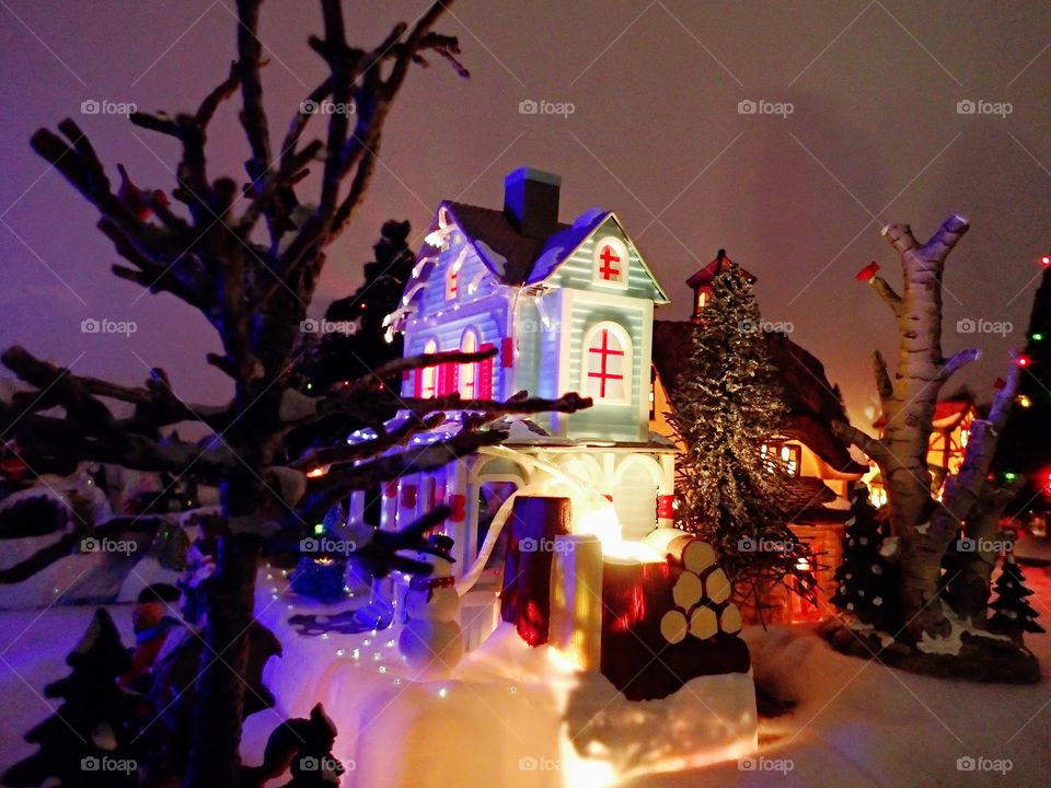 A house glows in a Christmas village with a tree in the foreground. 