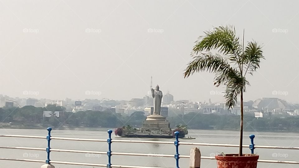 Buddha statue in  standing in husain sagar hyderabad India
