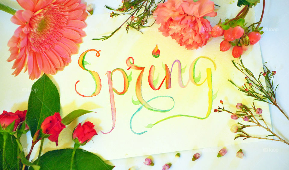 Spring, tilted, sign, flat lay, on white background, floral border, bloom, flowers, watercolor, lettering, bud