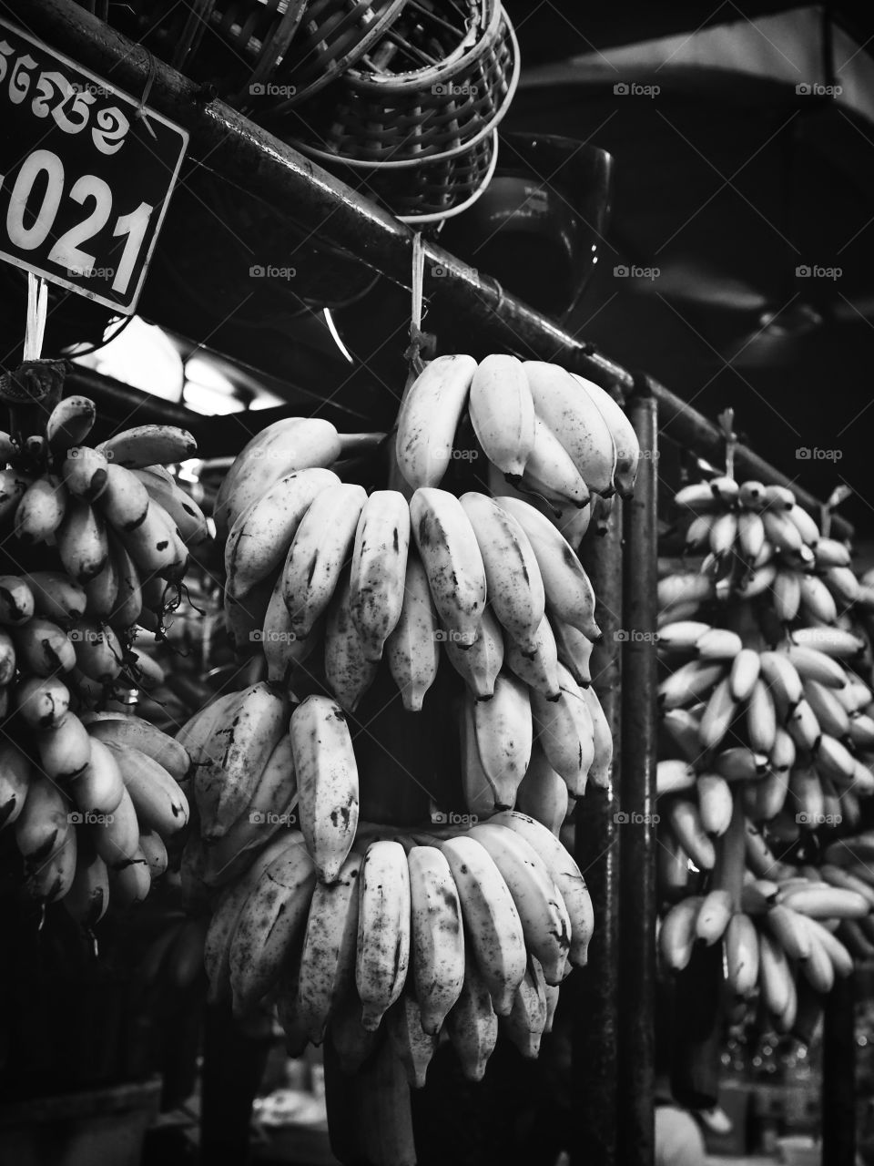 Bananas for sale in black and white 