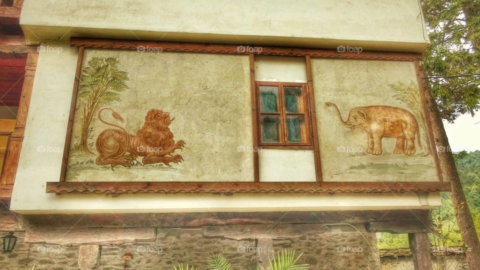 frescoes, fresco, lion, elephant, monastery, Troyan, Bulgaria,