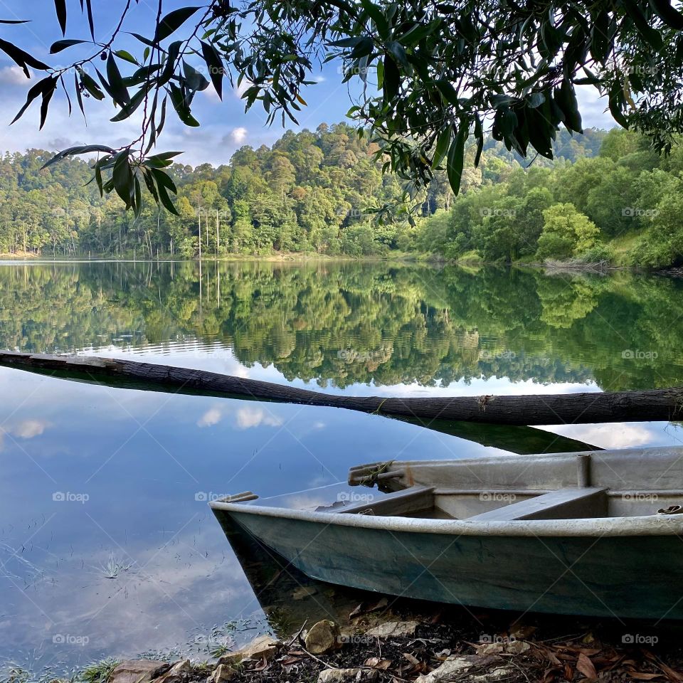 Looking across the lake with trees on all sides.