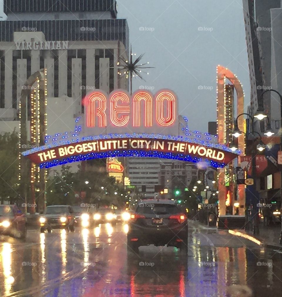 Reno NV welcome sign on a rainy evening. 