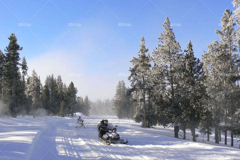Snowmobilers in Yellowstone Park