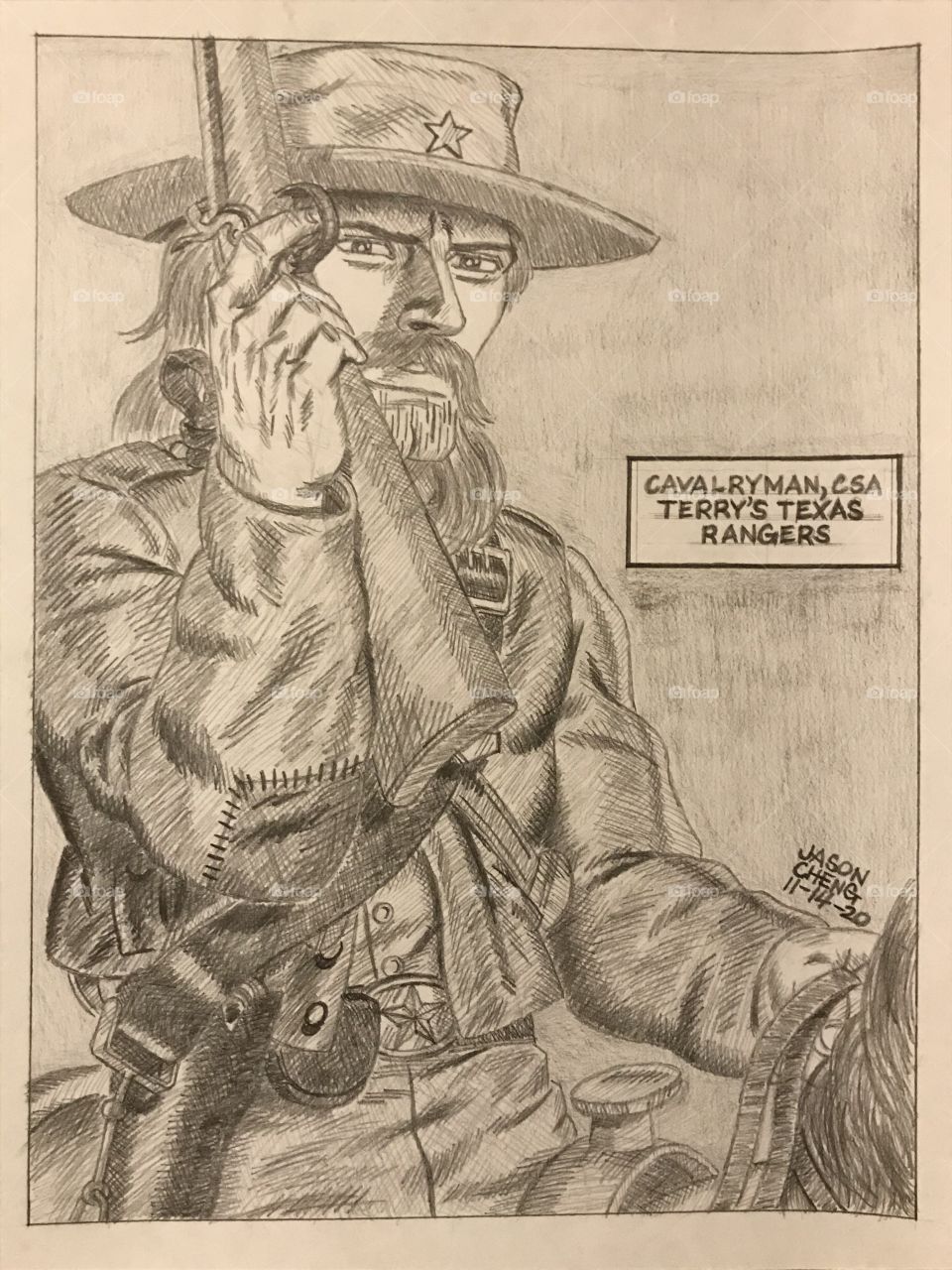 A pencil rendering of a Confederate cavalryman of the Civil War era. He is a member of the famed 8th Texas Cavalry Regiment, aka Terry’s Texas Rangers.