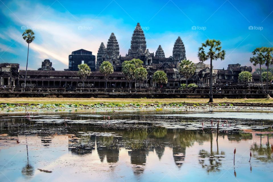 Dawn at the Angkor Wat temple complex in Cambodia. 