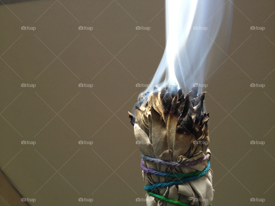 A burning sage scrub stick emitting a dense ribbon of smoke.