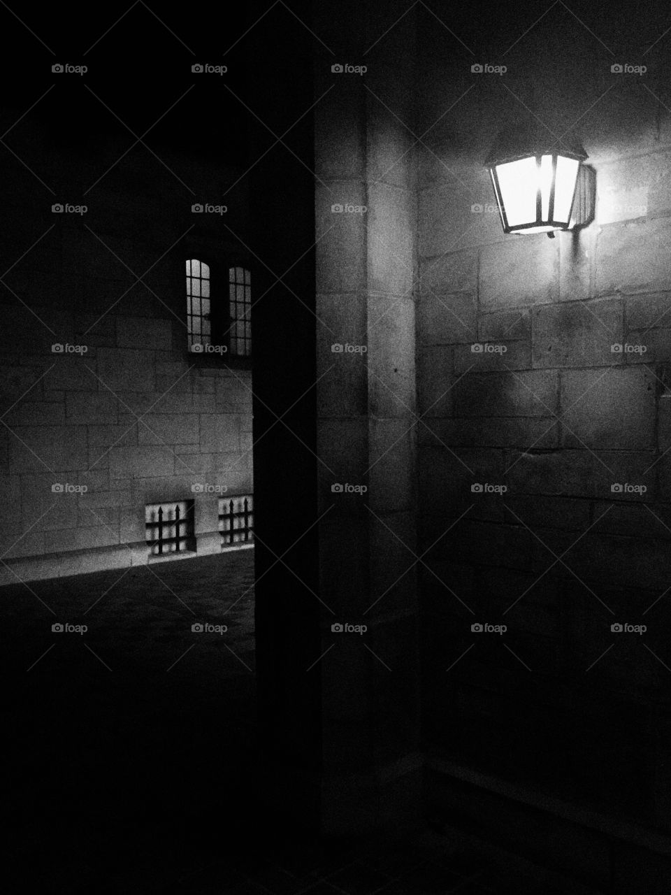 Hallway of a gothic building. Dim light. Dark mysterious shadows. Small windows with metal bars.