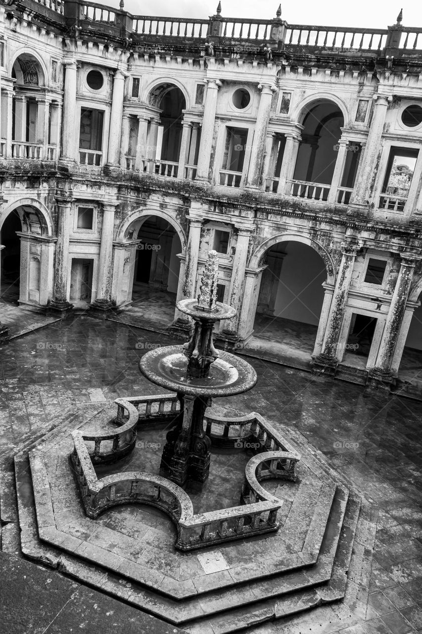 A view looking down over the main cloister at the Convent of Christ in Tomar, Portugal 