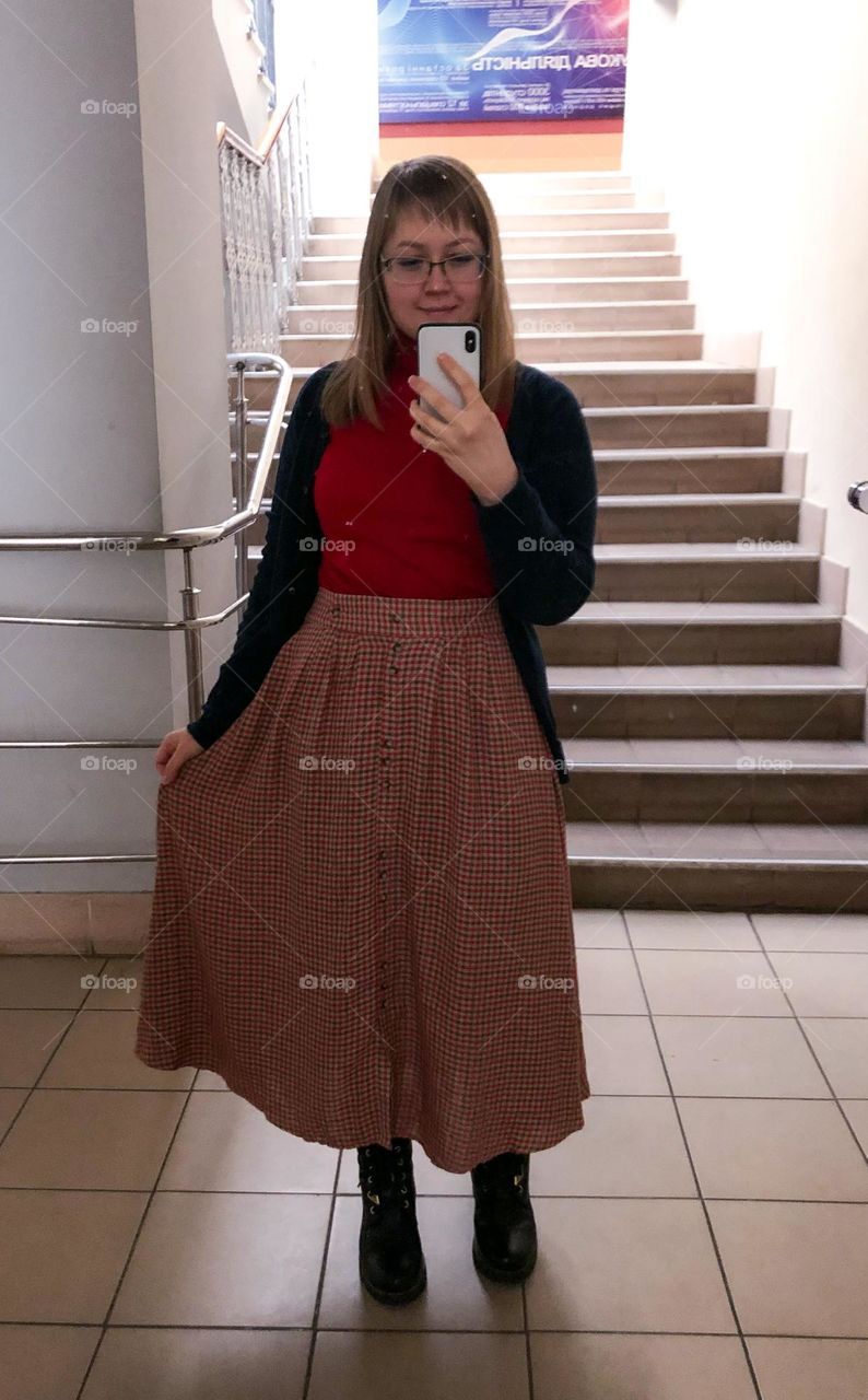 Selfie of woman in red