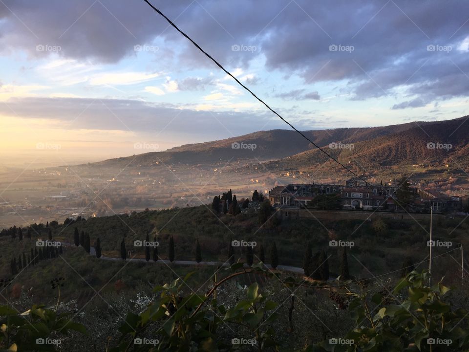 View from the city wall of Cortona, Italy. Beautiful shot of the Tuscan countryside.  Shot December 2017.