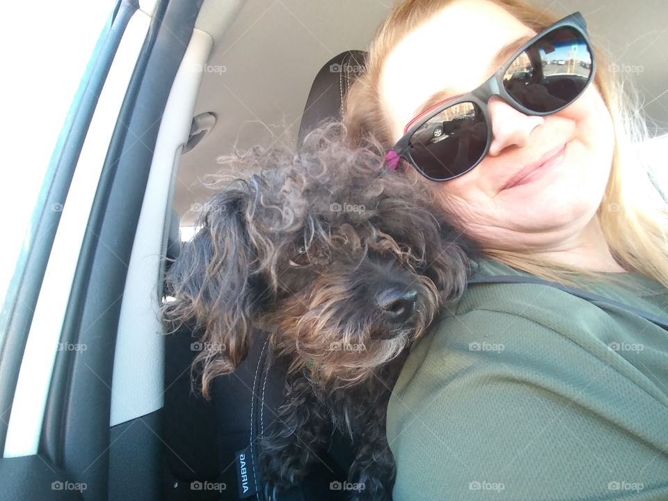 Hanging out, with me and my shadow she is my back seat shoulder driver and she loves to go with me everywhere.