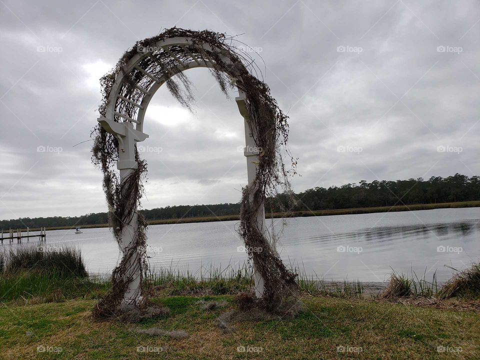 wedding arch with vines on Moody cloudy day