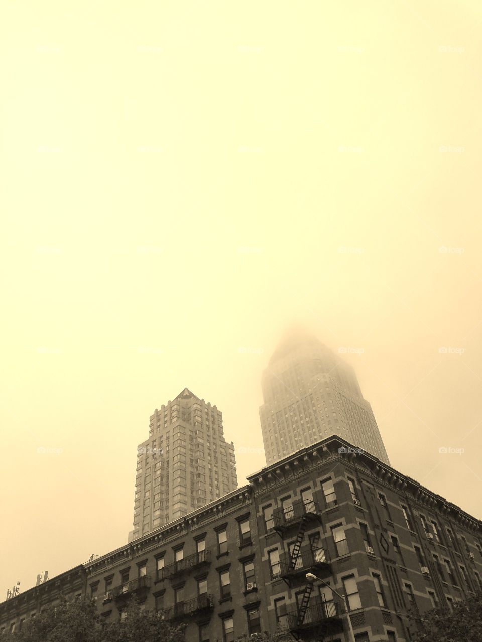 NYC Architecture near 9th Avenue and 48th Street. Sepia Filter. May 2017.