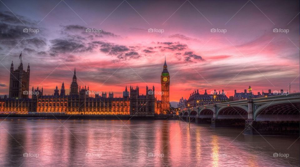 Big Ben and Westminster bridge at sunset, London