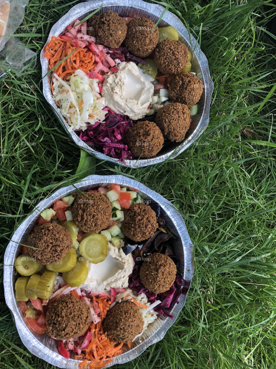 Delicious meal😍: falafel with hummus, pickles and salad