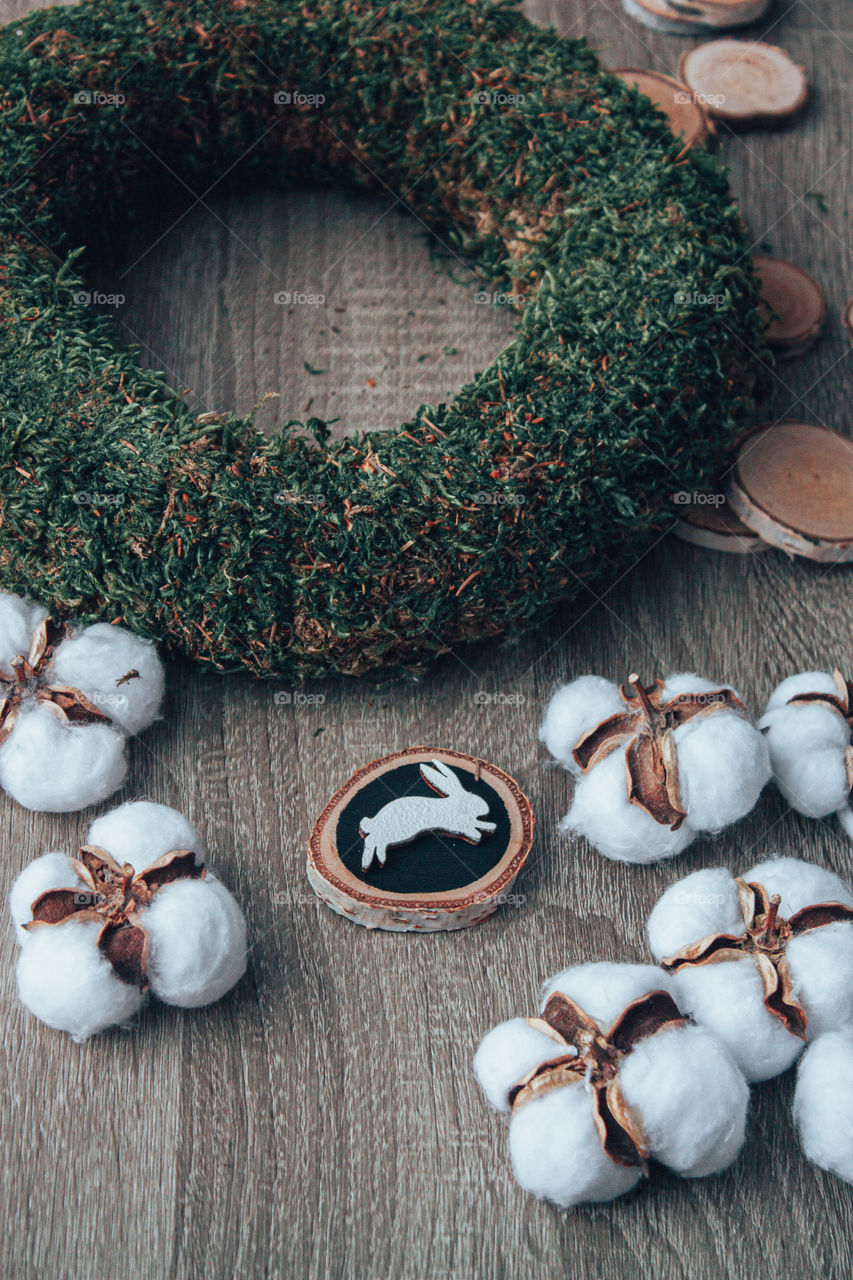 cotton flowers, bunny, wreath