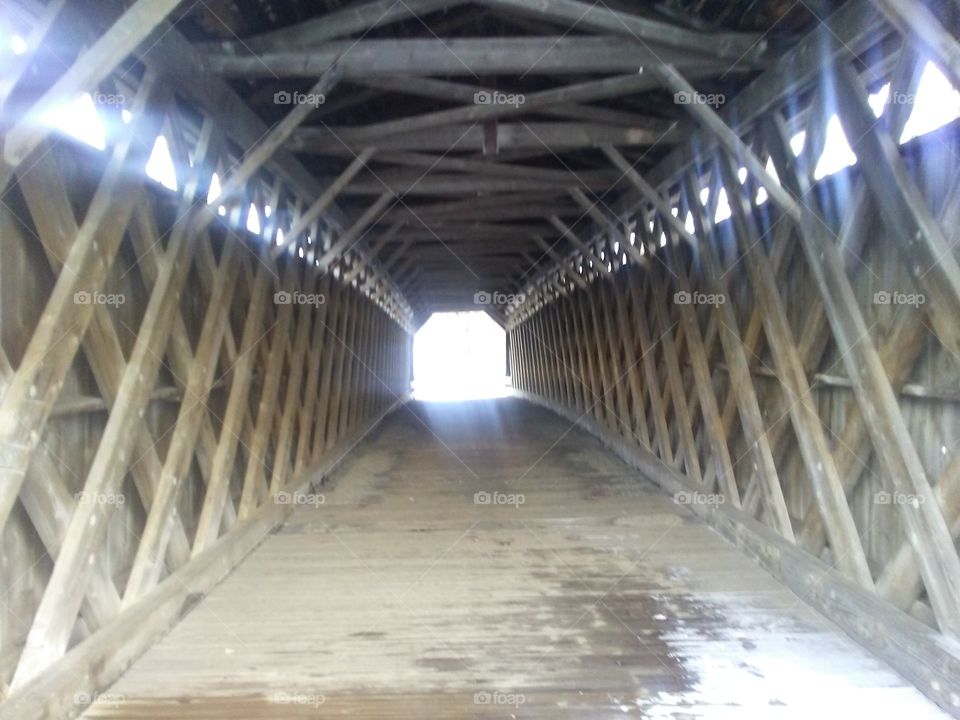 Inside the last covered bridge over Cedar Creek near Cedarburg, Wisconsin.