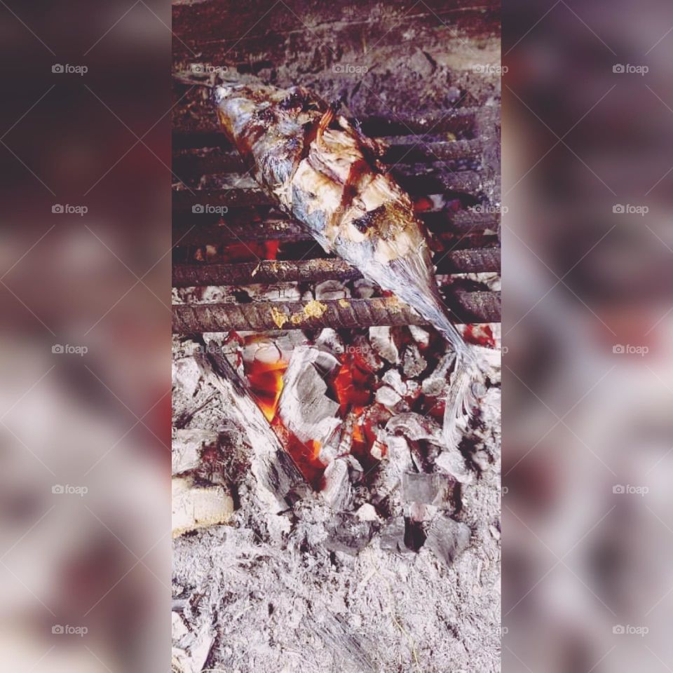 Gilled fish in a charcoal