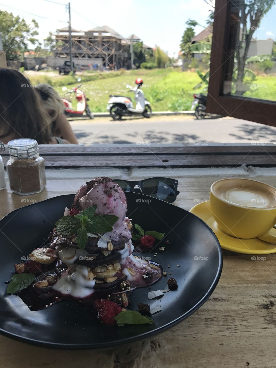 Coffee with ice cream pancakes in Bali