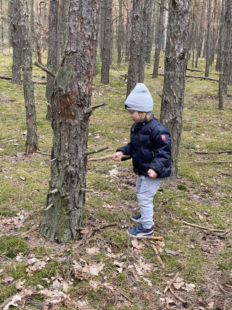 Boy playing in a forest