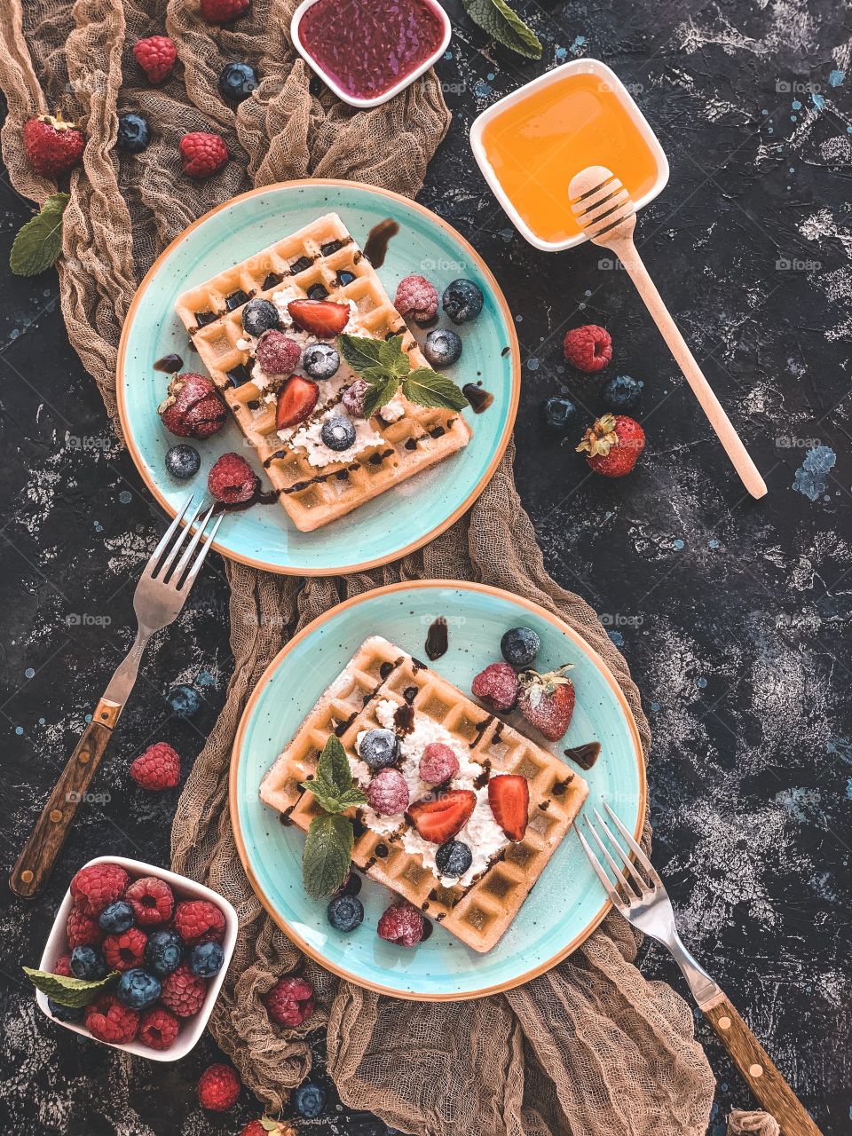 Belgium waffles with berries. Food photography
