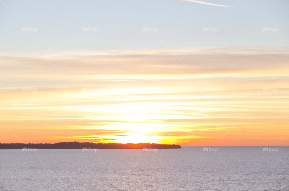 Scenic view to the adriatic seaside and sea in the sunset light in winter time. Travel conception.
