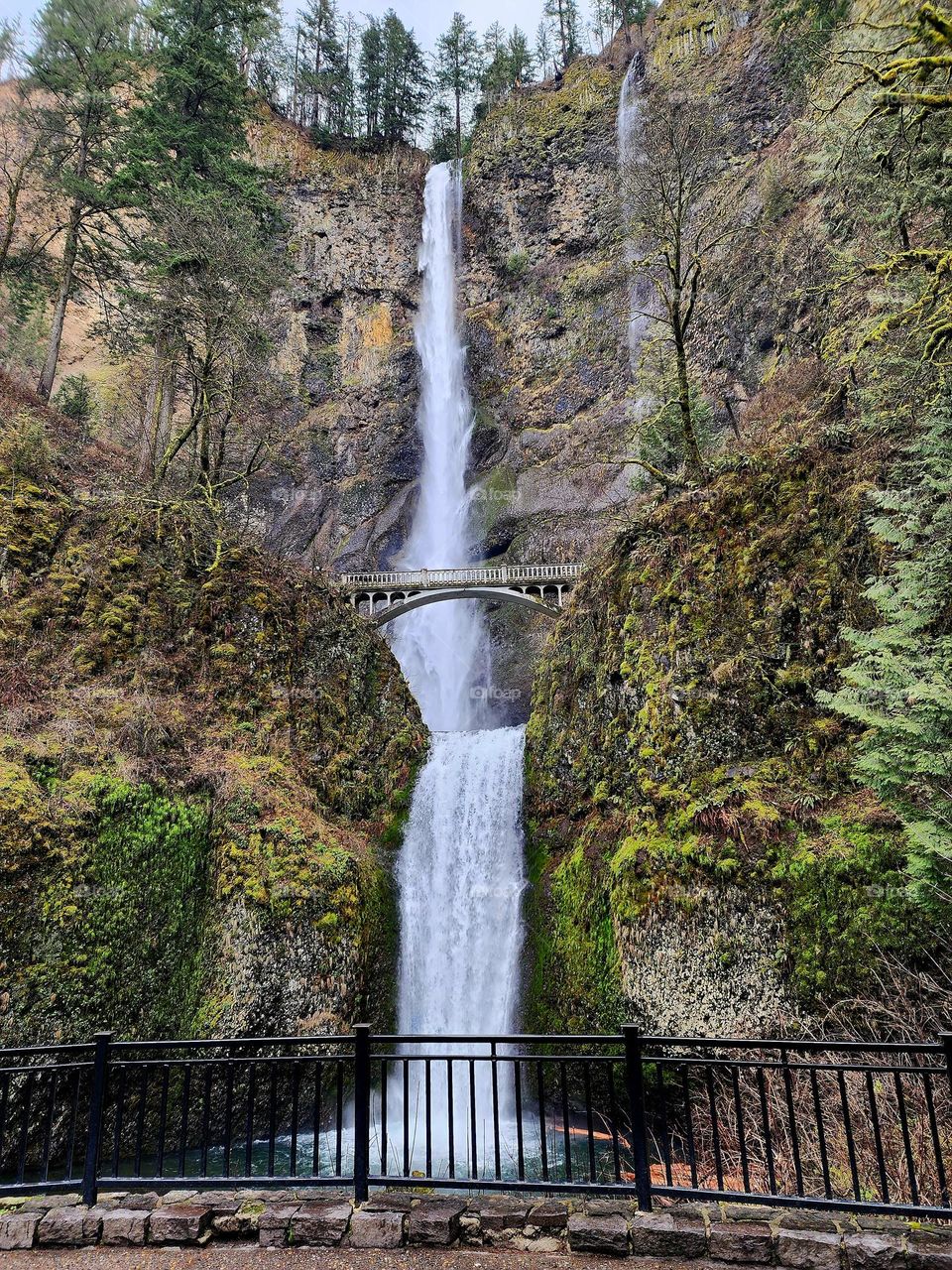 Multnomah Falls in Oregon looks spectacular on a cool March day following heavy snows and rains