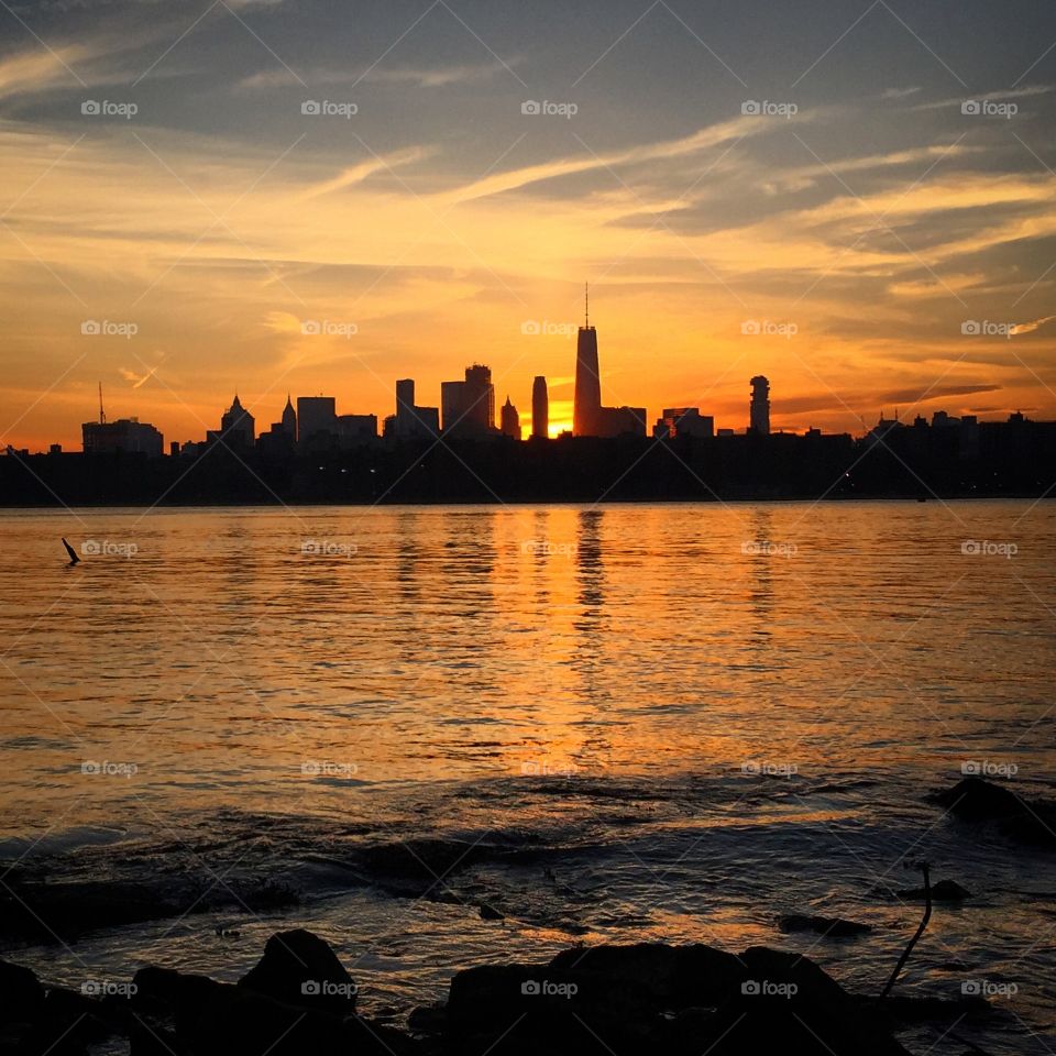 Sunset over Downtown Manhattan and One World Trade Center from Williamsburg, Brooklyn