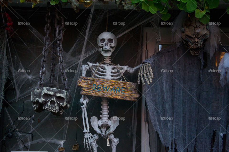 Scary skeleton at Halloween market in Copenhagen Denmark.