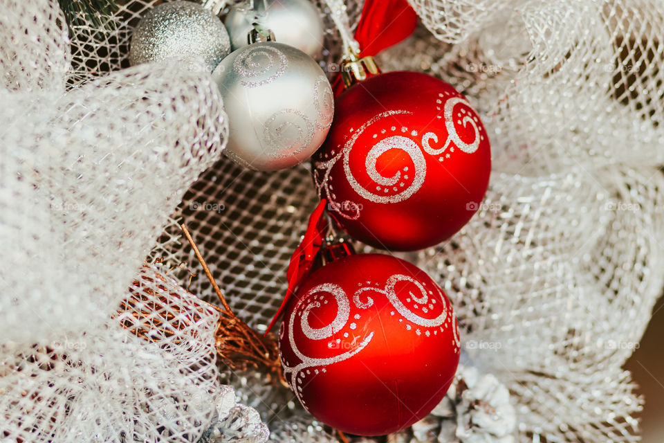 Decoration for Christmas and New Year in red and silver colour.
