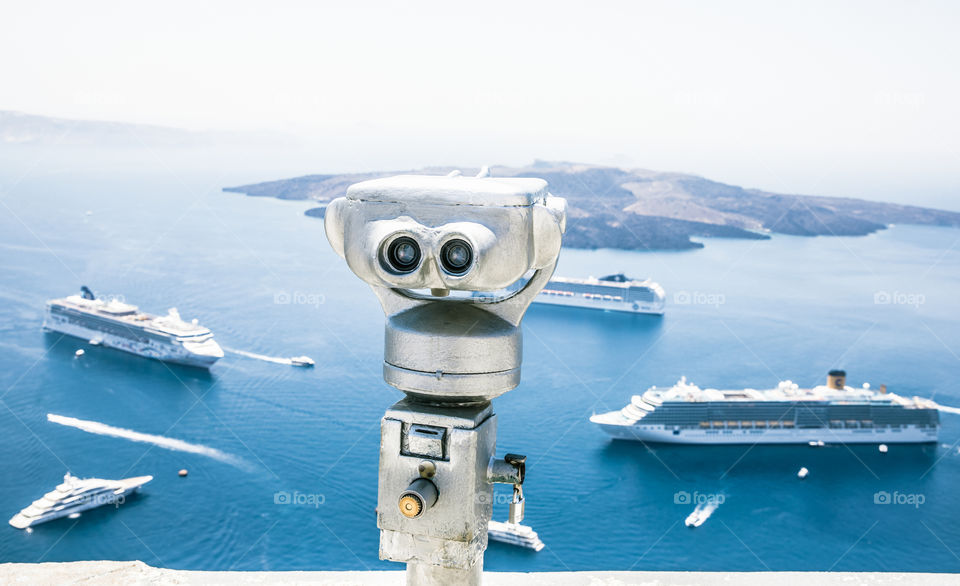 Touristic Coin Operated For Observation Binoculars In Famous Greek Island Santorini
