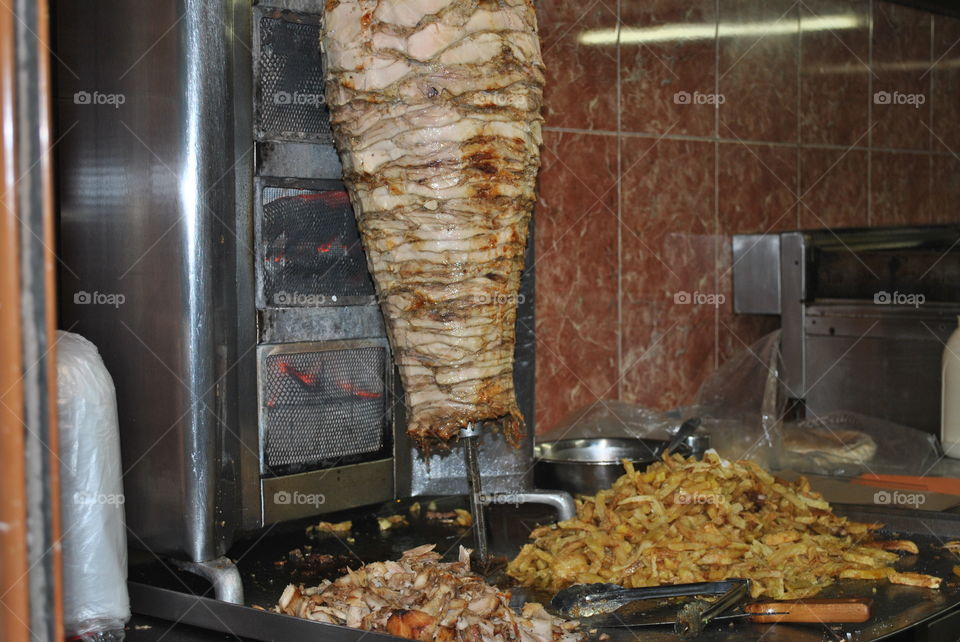 Chicken kebab and french fries on the street in Plovdiv, Bulgaria